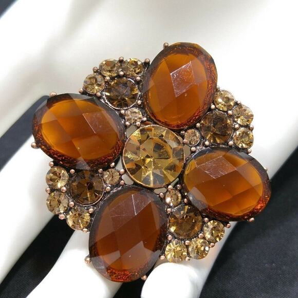 Vintage Jewelry - Vintage Flower Rhinestone Brooch, Topaz Faceted Glass Stones, 1990s, 1 7/8 Inch